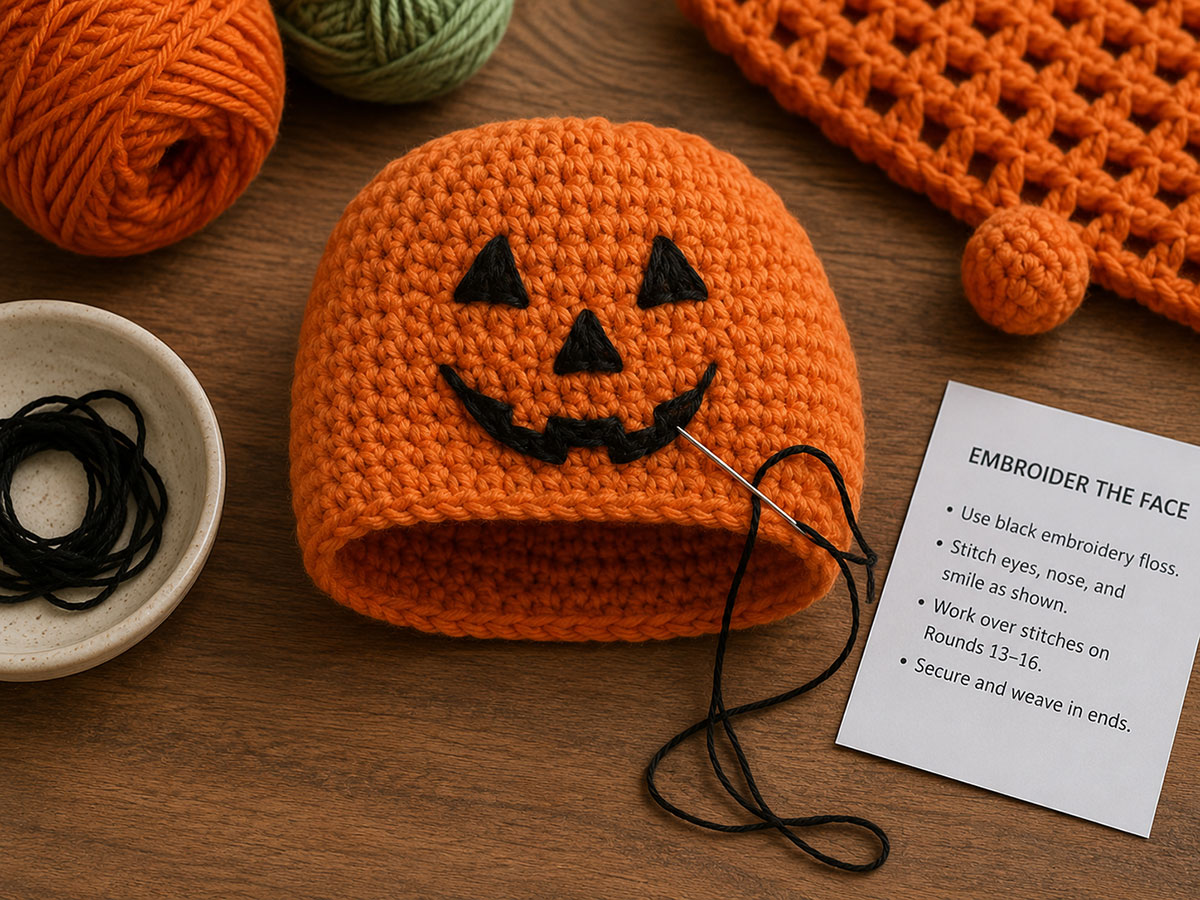Orange crochet pumpkin head with black embroidered triangular eyes, small triangular nose and toothy Jack-o'-lantern smile before stuffing