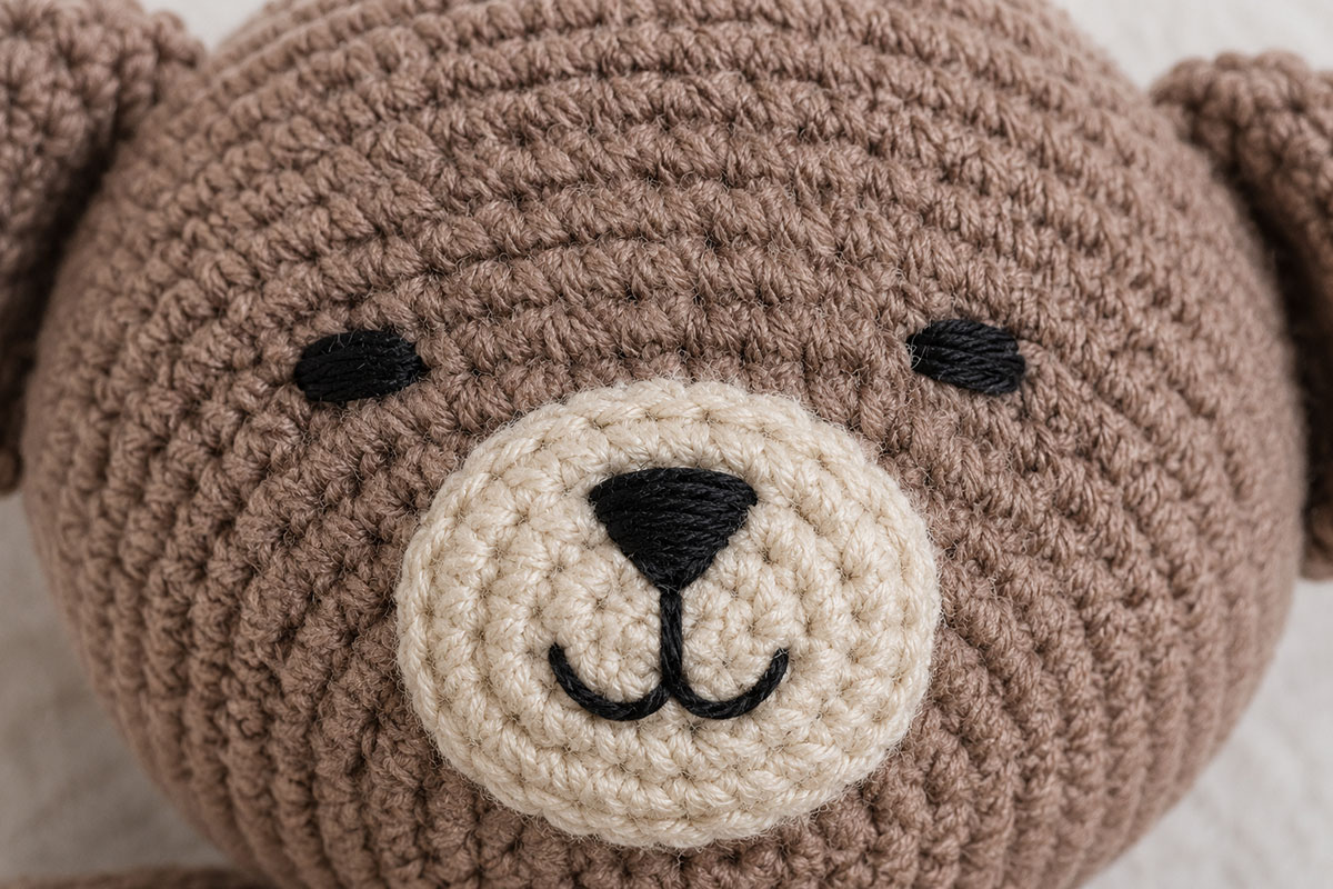 Close view of crochet bear snuggler face with black embroidered satin stitch eyes nose and small stitched mouth on a flat lighter muzzle