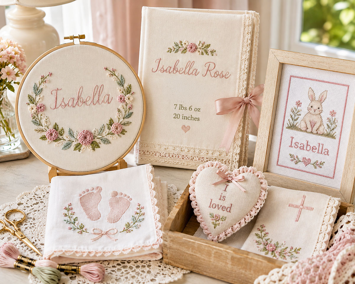 Embroidered personalized baby gifts with a stitched baby name, birth details, footprint embroidery and handmade cross stitch keepsake