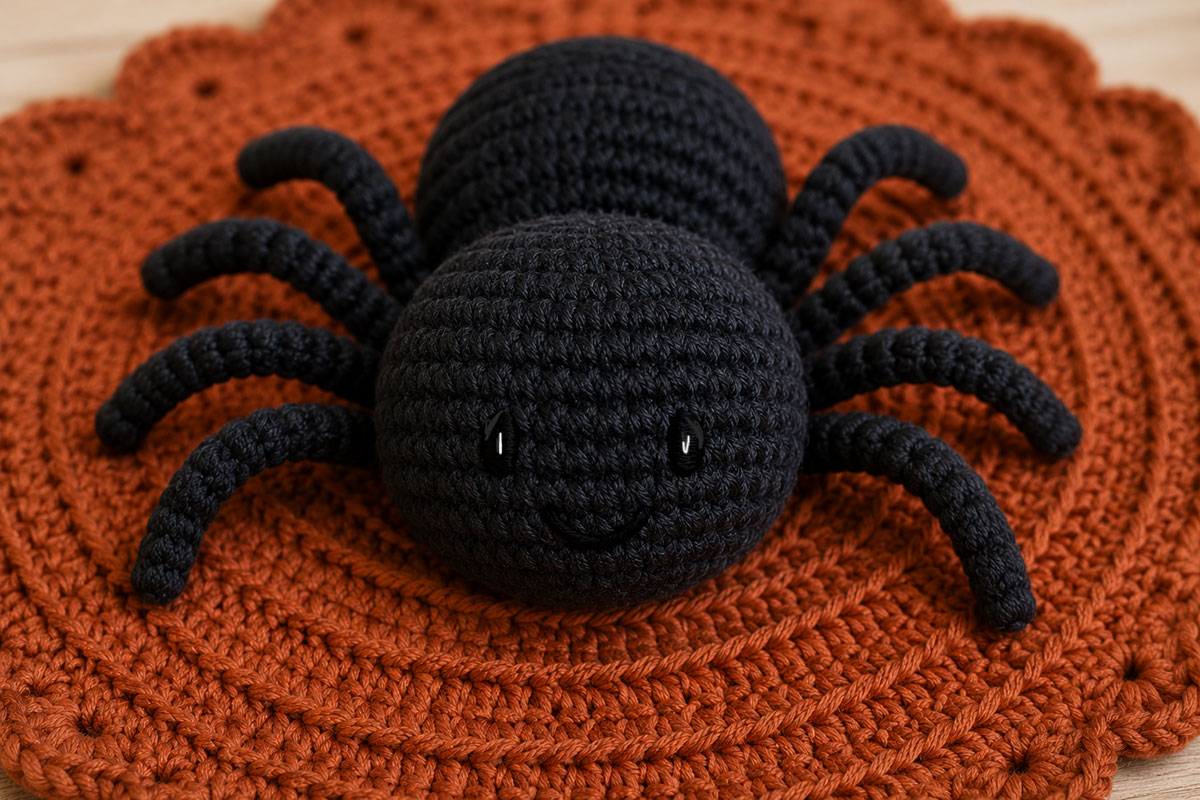 Close view of a crochet spider face with open eyes made from black satin stitches and a small embroidered smile