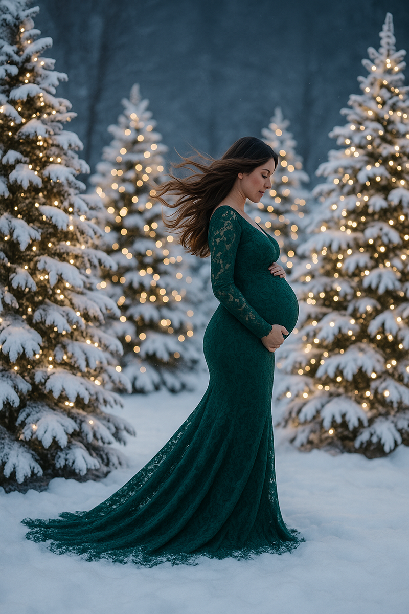 Pregnant woman in an emerald green lace maternity gown standing in the snow surrounded by naturally snow-covered Christmas trees with twinkling white lights