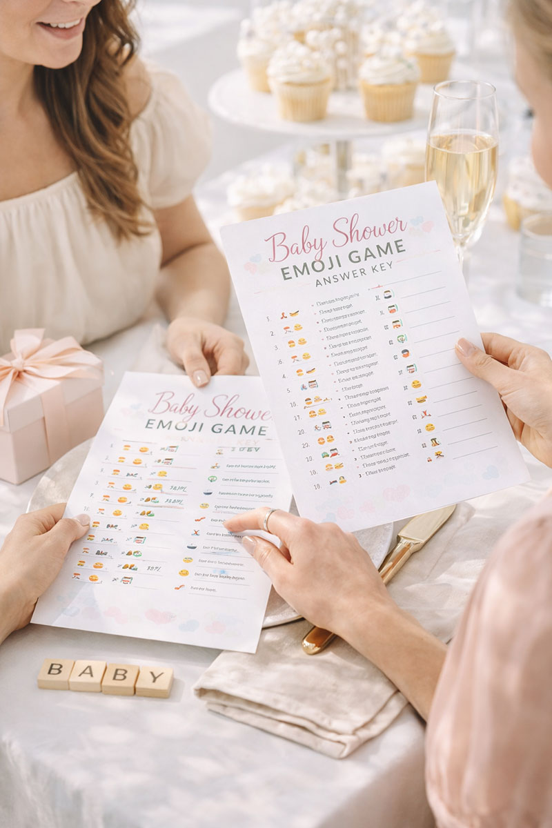 baby shower guests laughing and comparing emoji game answers at a table