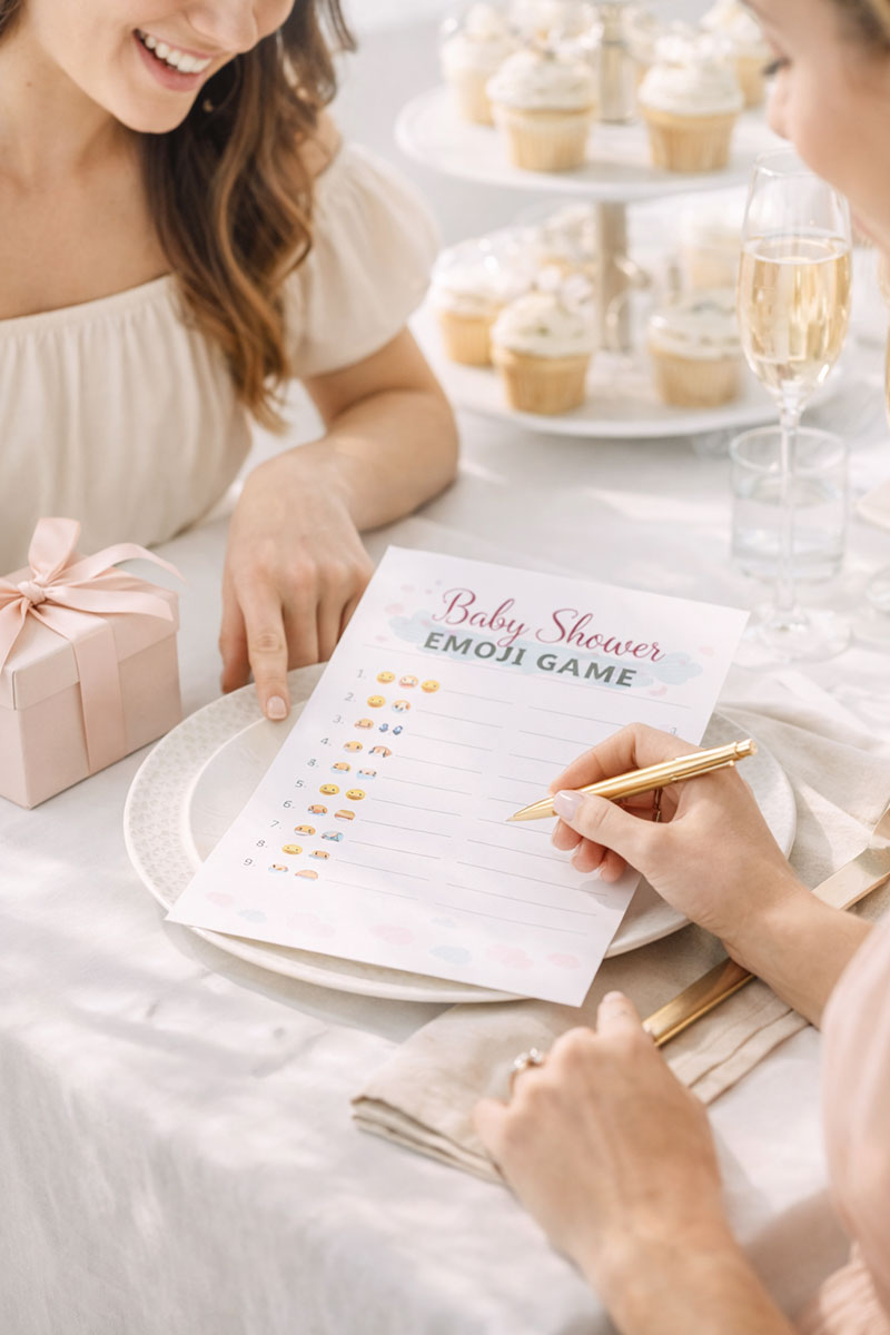 guests leaning over a table solving a baby shower emoji game together