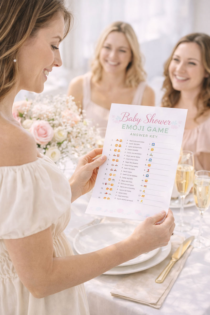 host reading baby shower emoji game answers while guests react