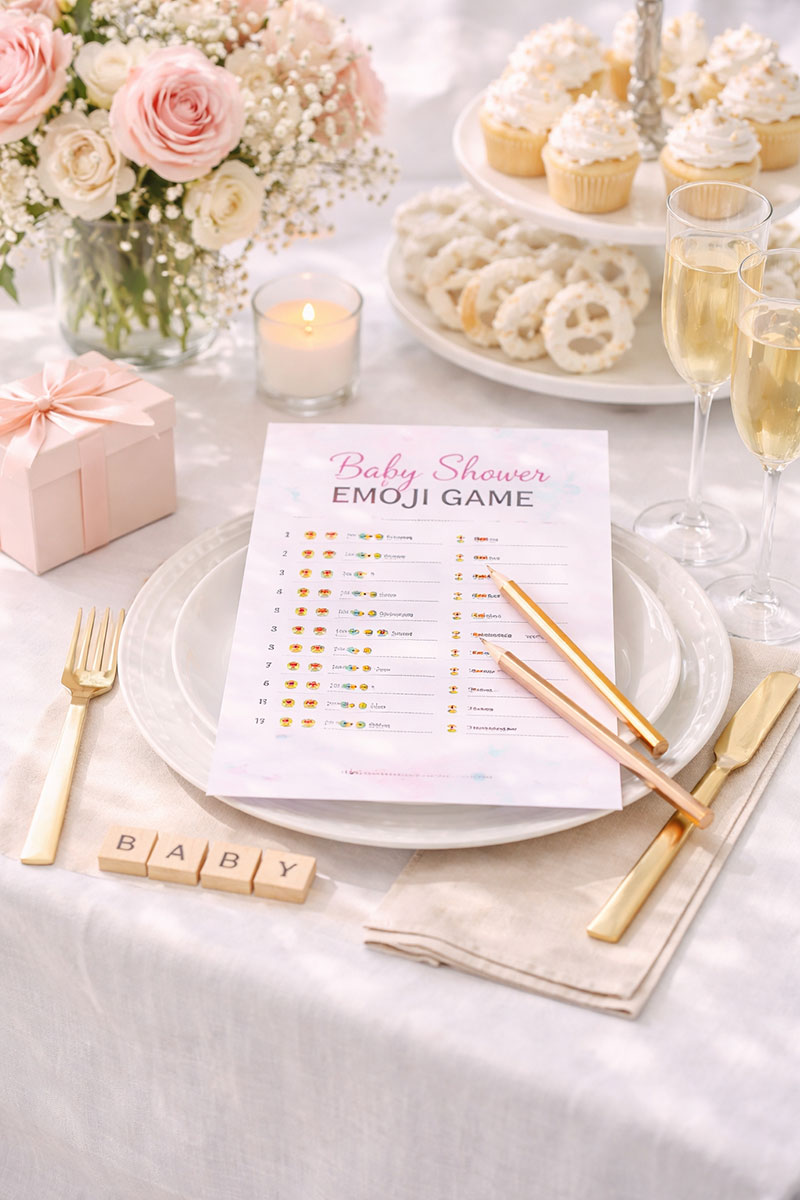 baby shower table with printed emoji game sheets and pens ready for guests