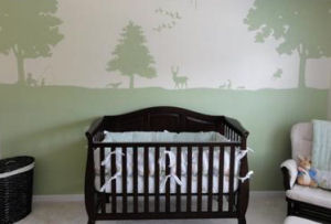 Enchanted forest baby nursery wall mural painting with deer geese and bunny rabbits