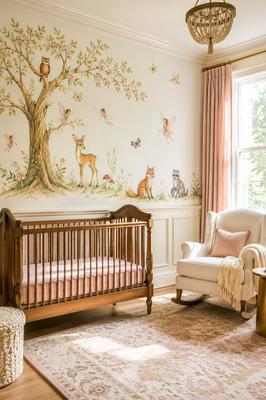 An Enchanted  Fantasy Nursery with a Fairy Princess and Woodland Creatures Wall Mural Painting 