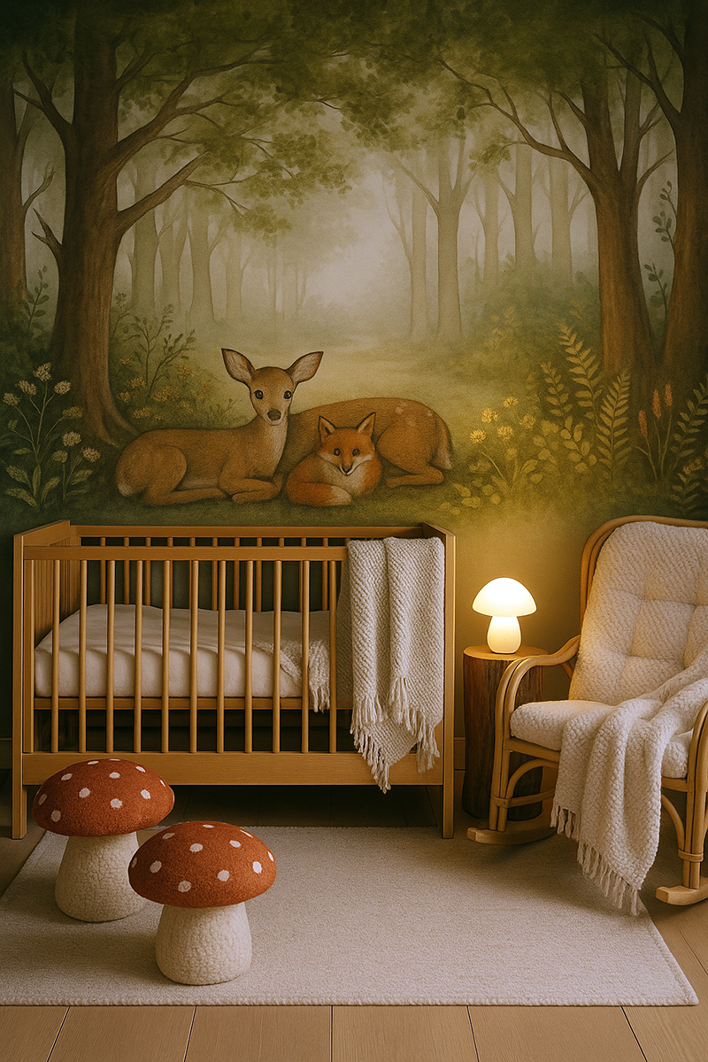 Enchanted forest baby nursery with woodland mural, mushroom footstools, and a Next Glow Mushroom Lamp glowing beside a rocking chair on a wooden stump table