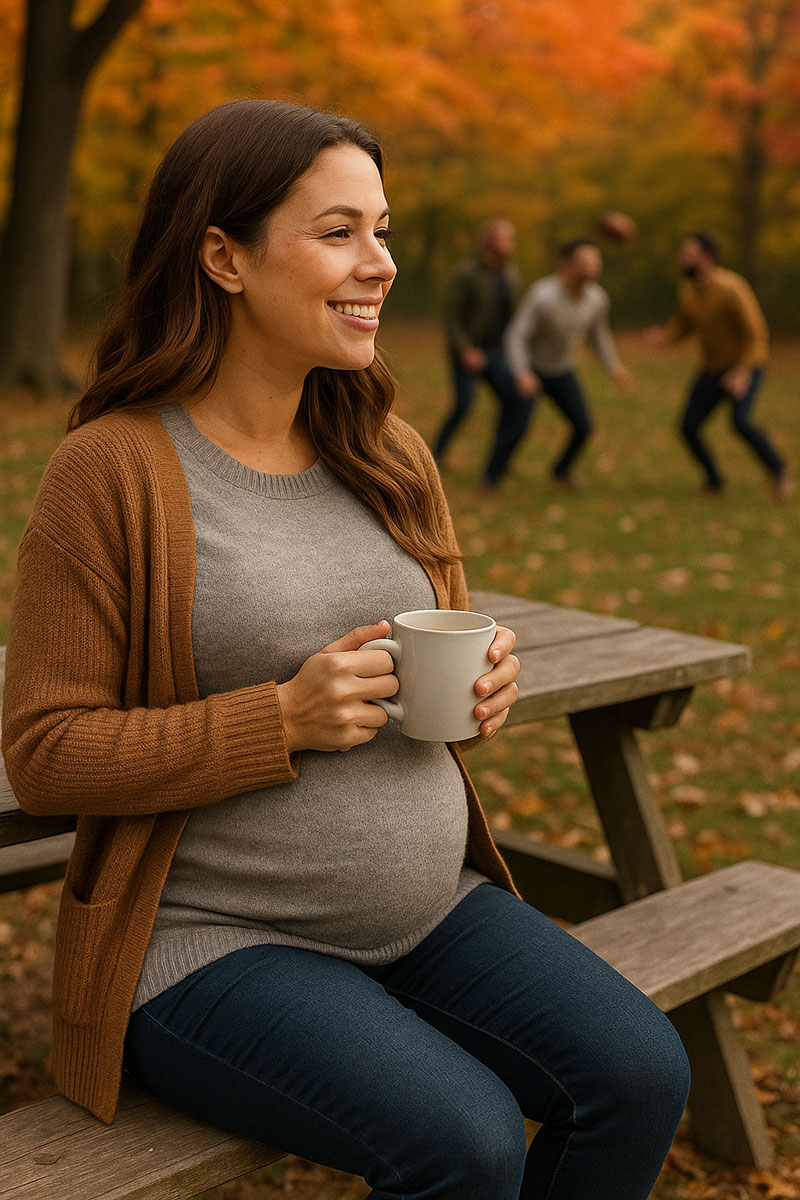 Comfortable maternity outfit with soft leggings, cotton top, and cardigan for everyday wear