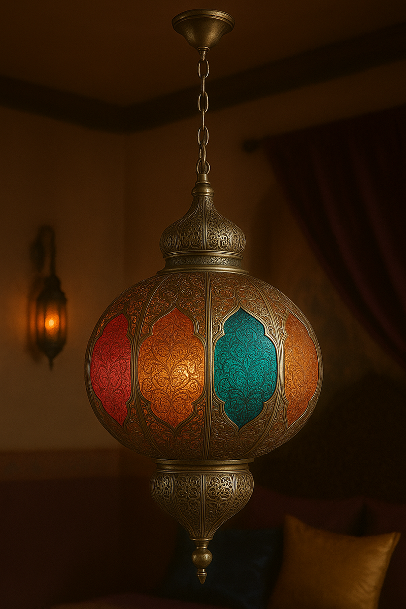 Ornate Moroccan princess nursery chandelier with rich jewel tone glass and brass filigree