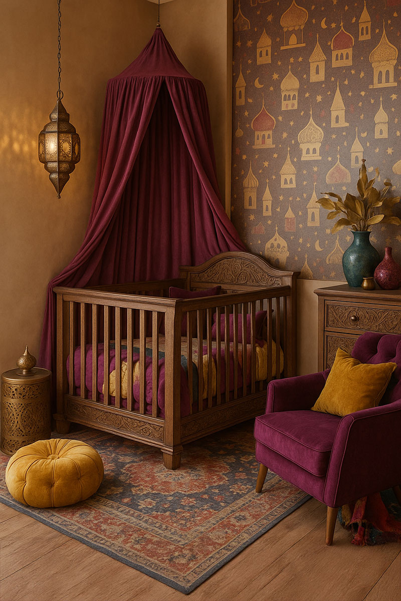 Exotic princess nursery with Moroccan jewel tones and carved wood crib
