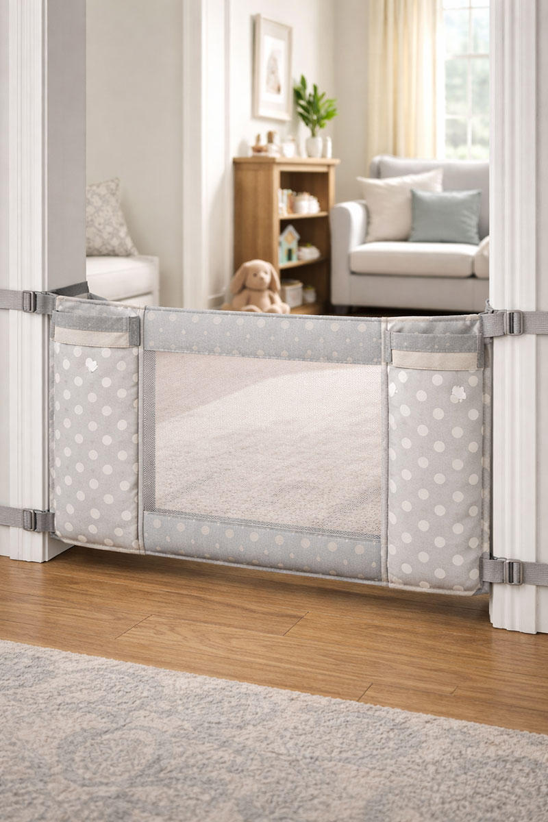Fabric baby gate stretched across a doorway as a soft visual boundary between rooms