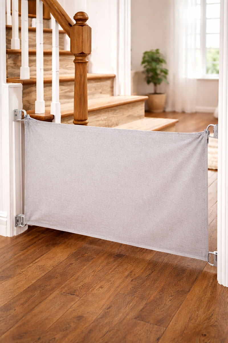 Fabric baby gate installed across a stairway opening