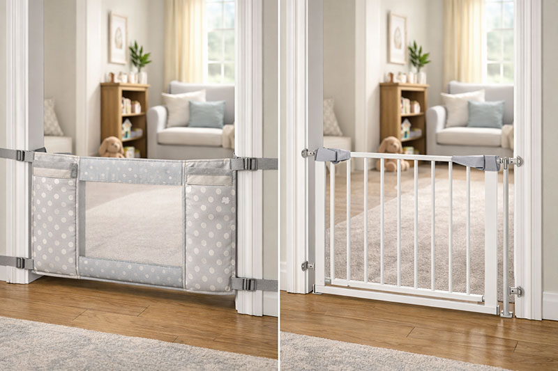 Side-by-side comparison of a fabric baby gate and a rigid baby gate in a home interior
