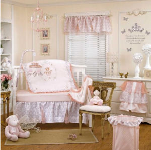 Pink and white fairy tale princess crib bedding for a feminine baby girl nursery room
