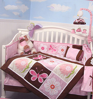 Pink and brown fairyland nursery ideas flowers baby girl crib bedding set