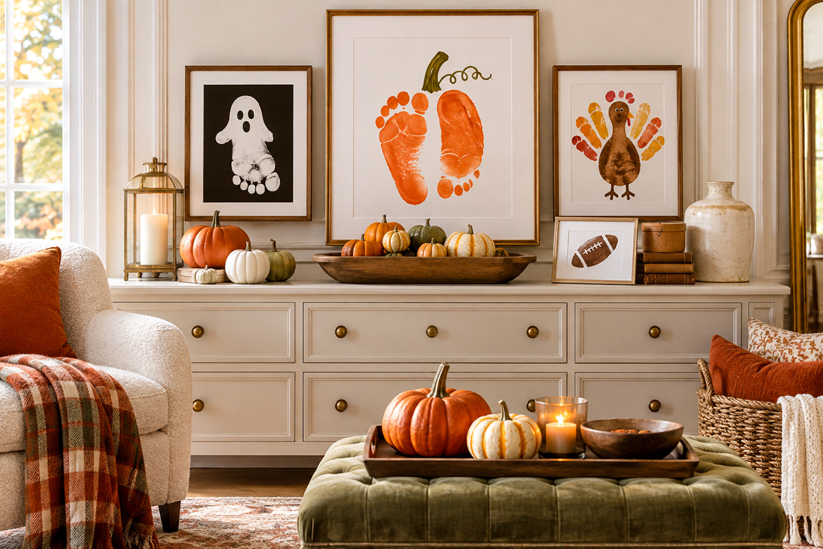 Fall baby footprint art with pumpkin, Halloween and Baby's First Fall keepsake ideas