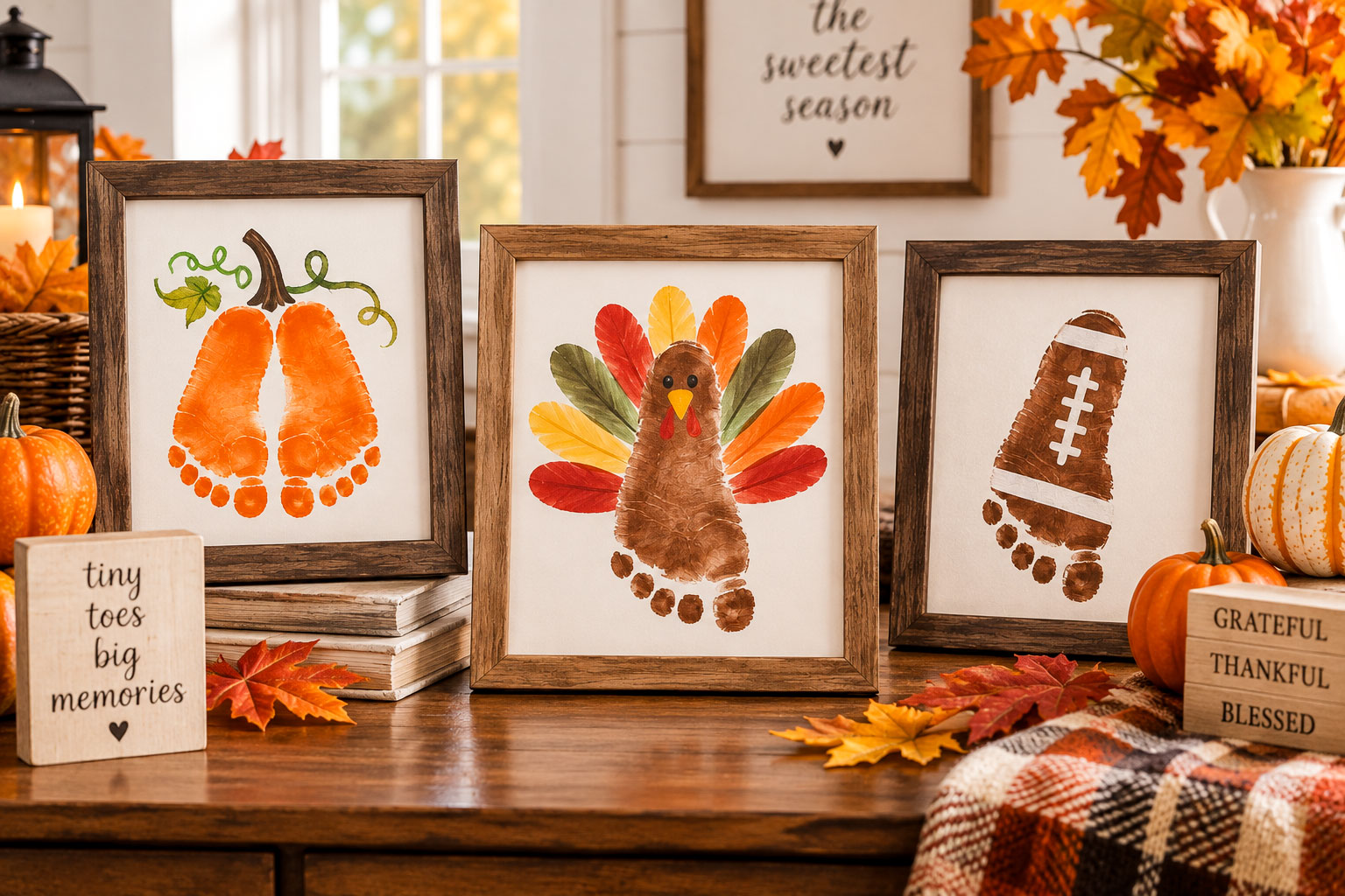 Pumpkin, turkey and football baby footprint keepsakes displayed for fall