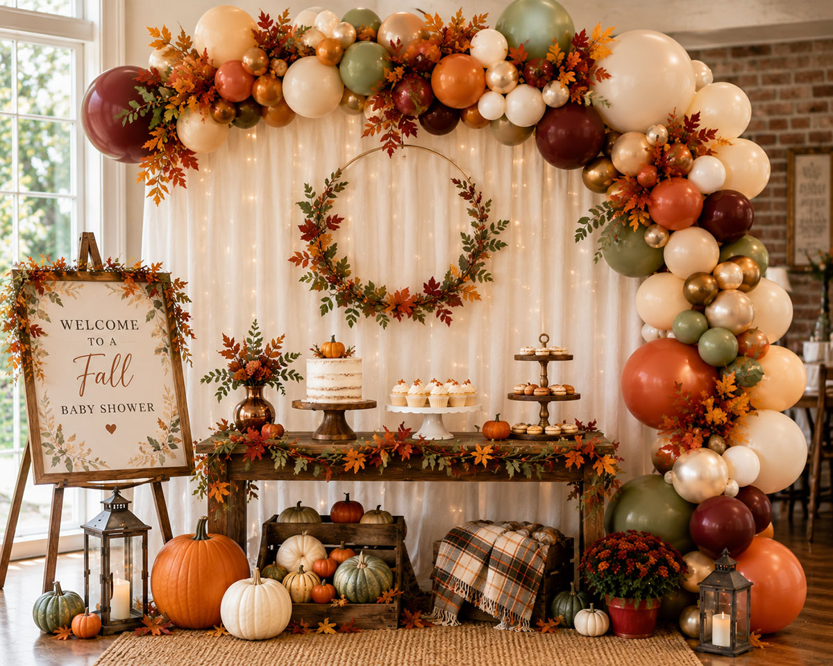 Fall baby shower balloon garland in rust, cream, sage green and muted pumpkin colors around an elegant fabric backdrop