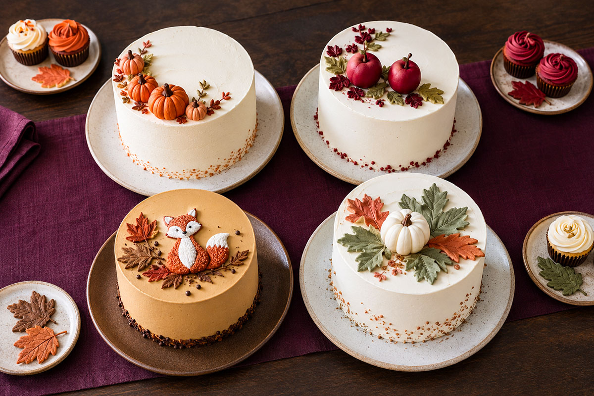 Fall baby shower cakes in pumpkin, apple, woodland and neutral autumn color palettes