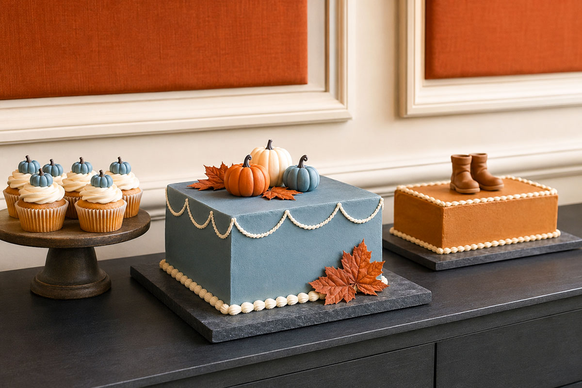 Fall baby shower cakes for a boy with dusty blue pumpkins, navy accents, caramel buttercream and autumn leaves