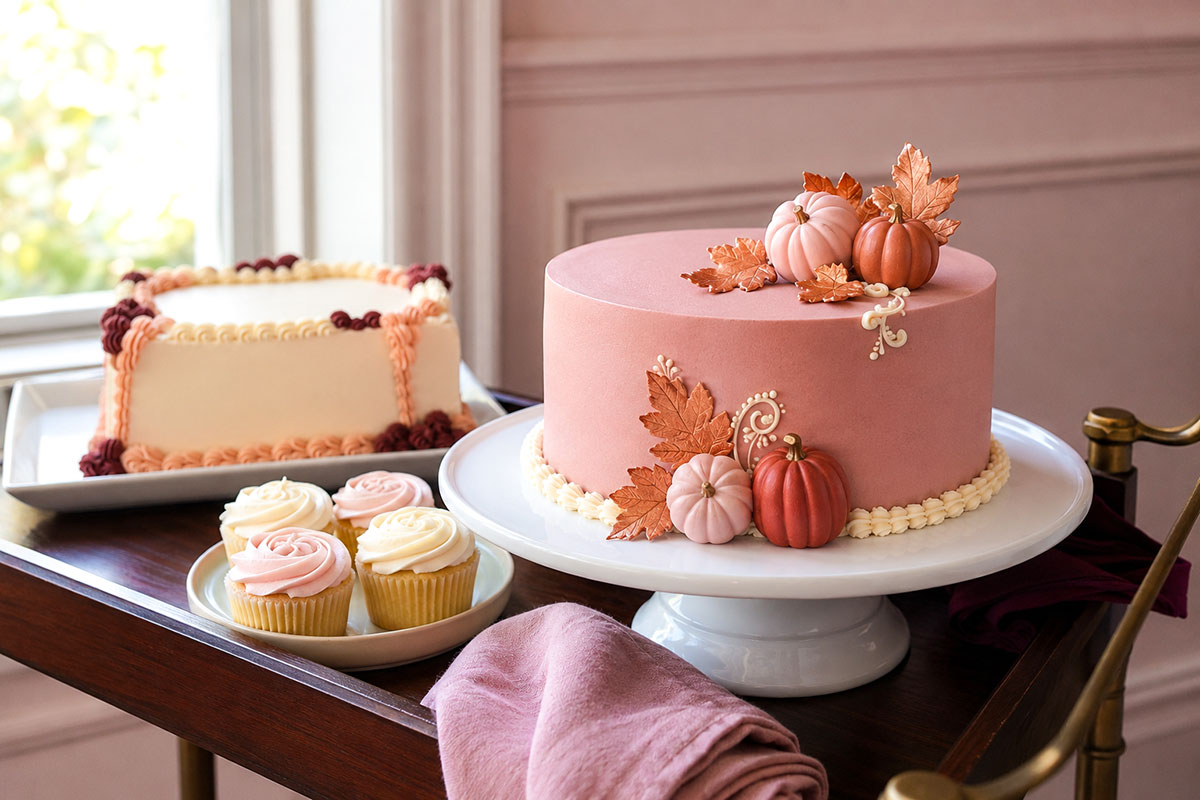 Fall baby shower cakes for a girl with blush pumpkins, dusty rose frosting, copper leaves and autumn floral details