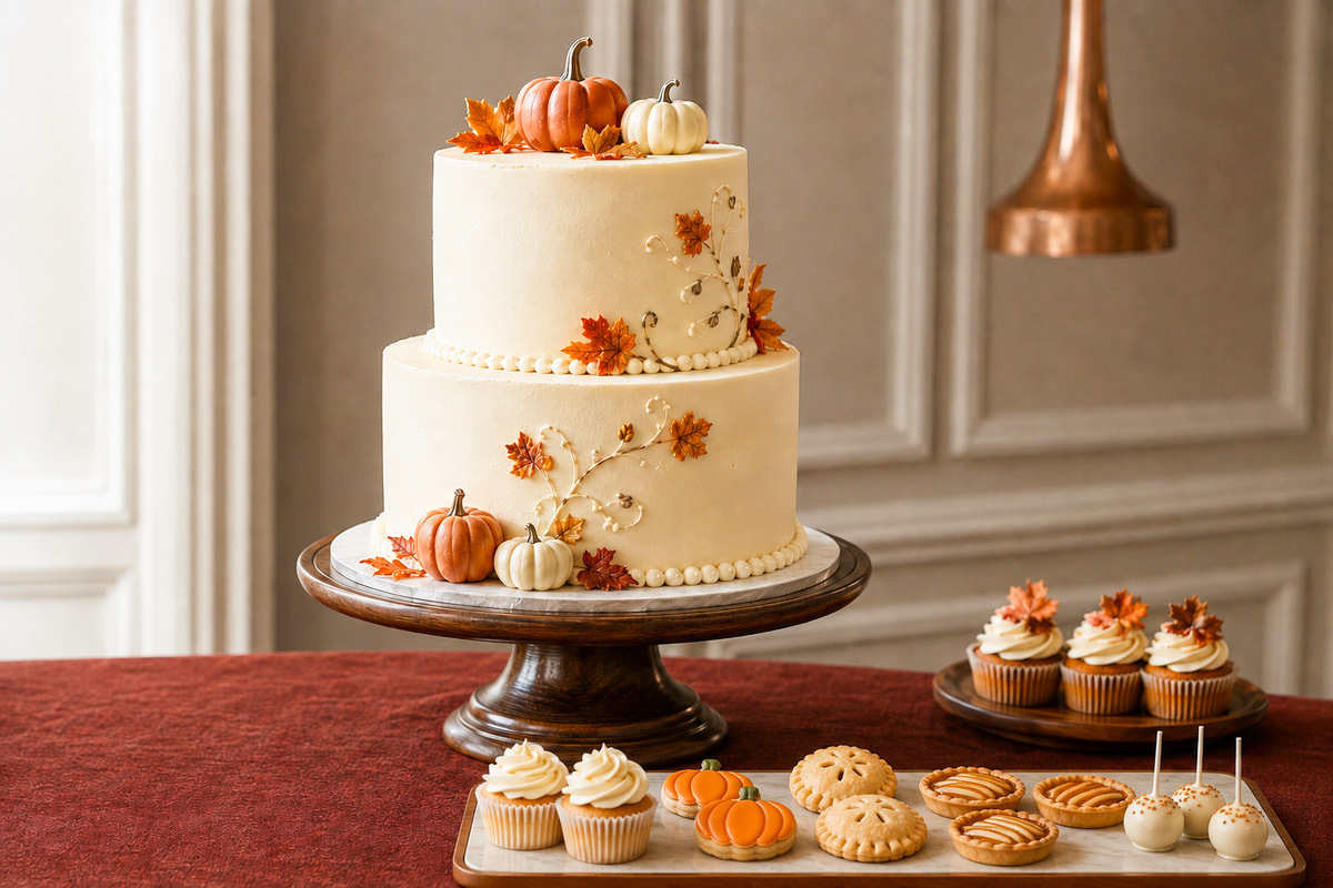 Elegant fall baby shower cake with pumpkins, autumn leaves, cupcakes, cookies and simple seasonal desserts