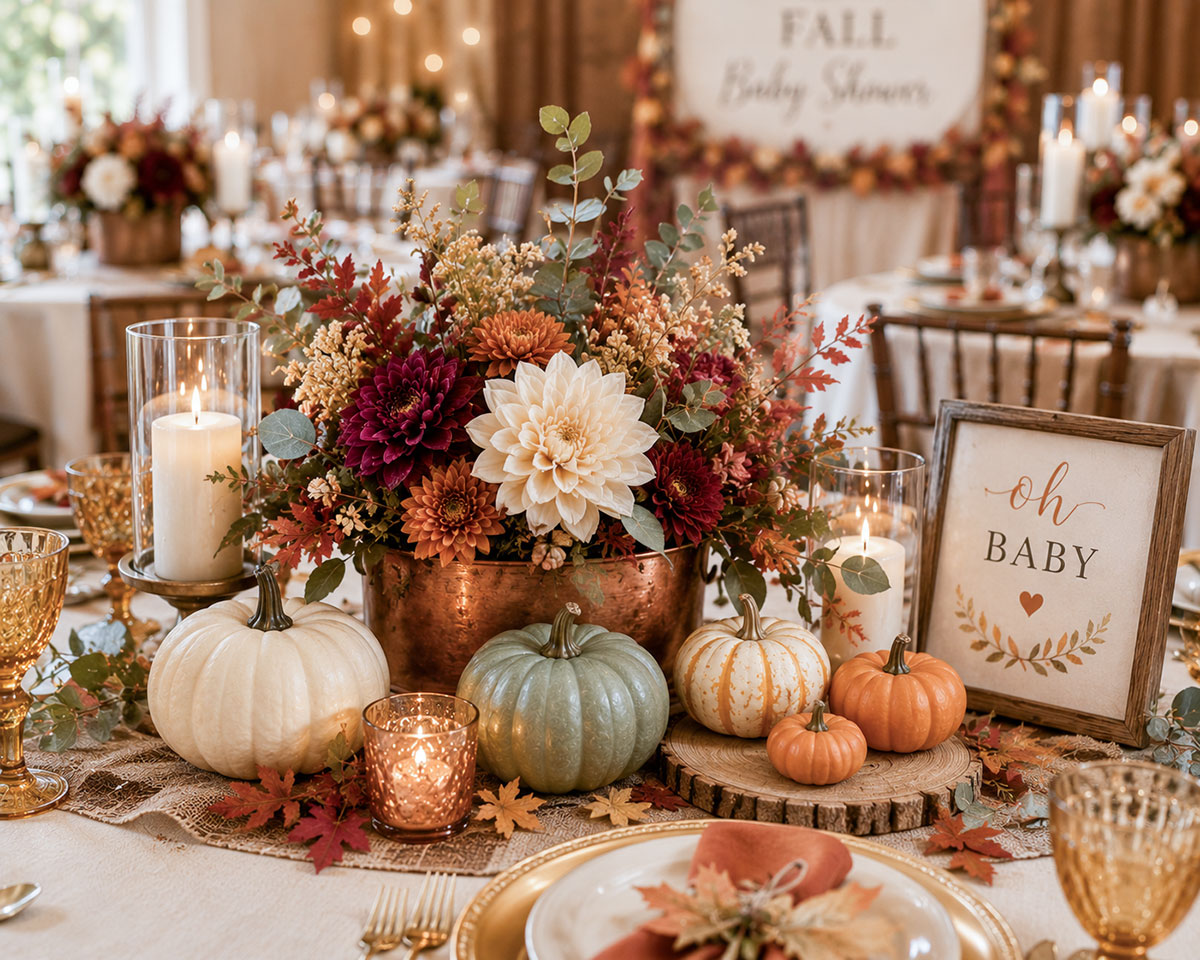 Elegant fall baby shower centerpiece with cream pumpkins, burgundy flowers, autumn leaves and copper accents