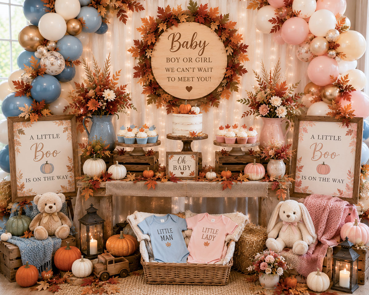 Fall baby shower decorations for a boy in sage and rust beside girl decorations in blush, burgundy and copper