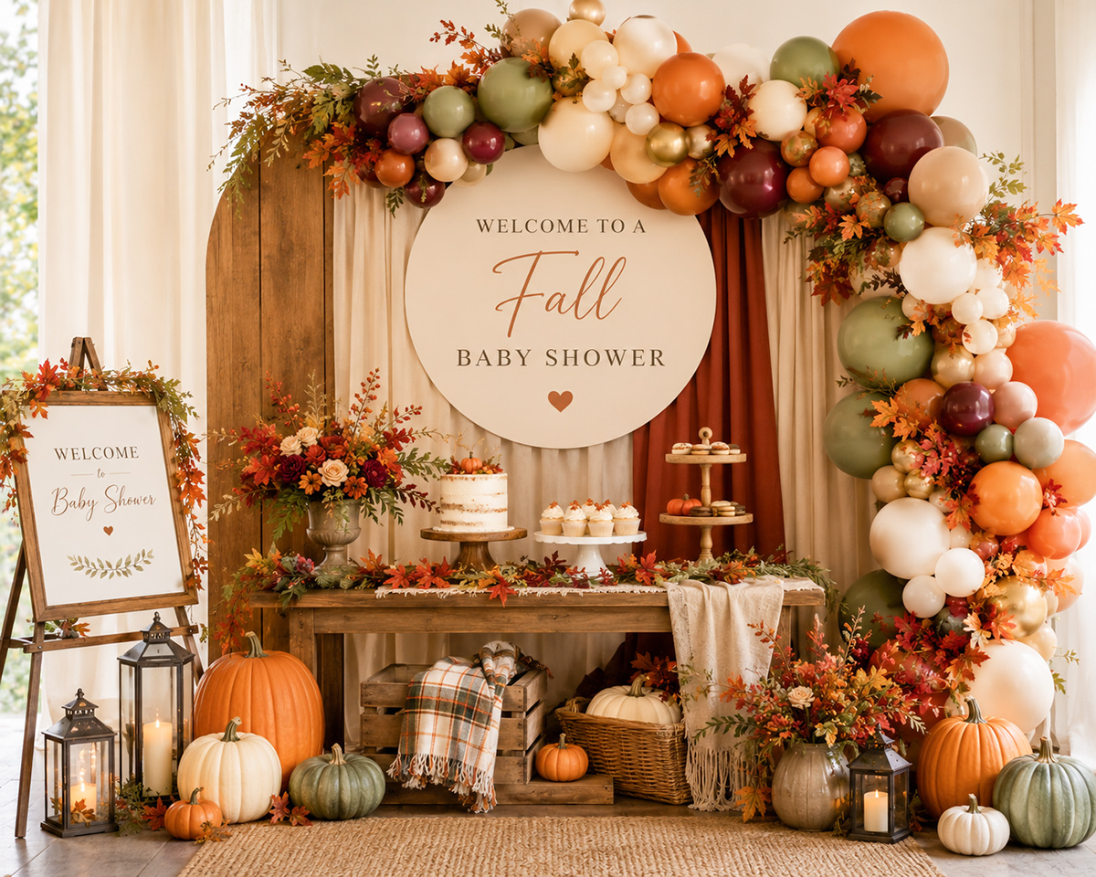 Elegant fall baby shower decorations featuring pumpkins, autumn florals, balloon garlands, rustic wood accents and beautifully decorated dessert and dining tables