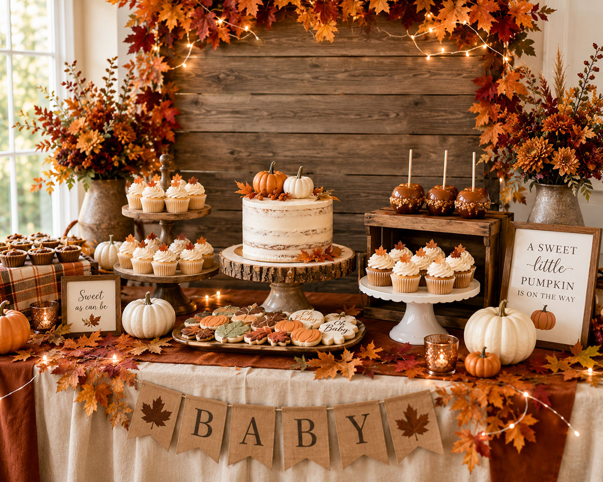Fall baby shower dessert table with pumpkin cake, cupcakes, pies, wooden stands and an autumn leaf backdrop