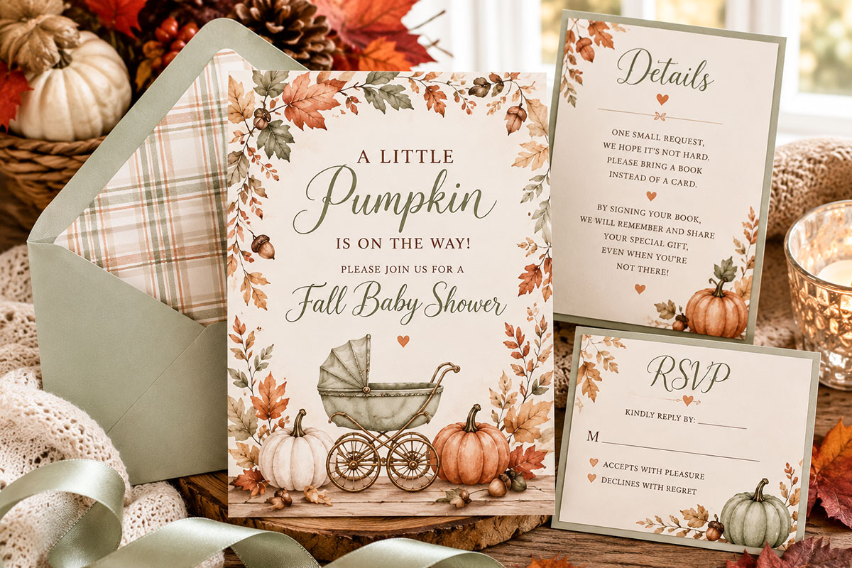 Fall baby shower invitation for a boy with an olive envelope, plaid liner, vintage carriage, pumpkins and autumn leaves