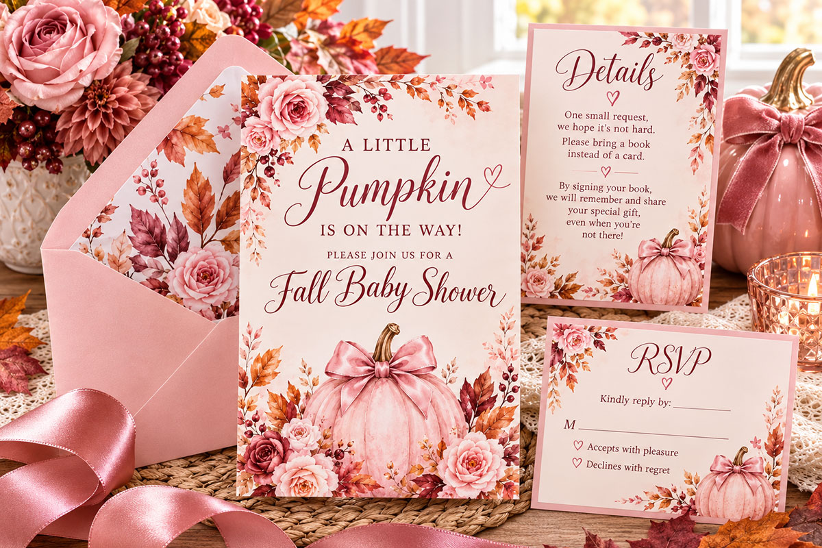Fall baby shower invitation for a girl with pink pumpkin, bow, roses, autumn leaves and matching RSVP card