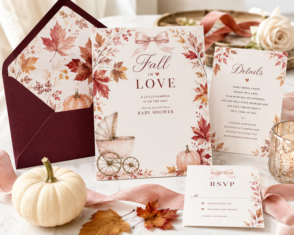 Fall baby shower invitations featuring little pumpkin, woodland and autumn leaf themes