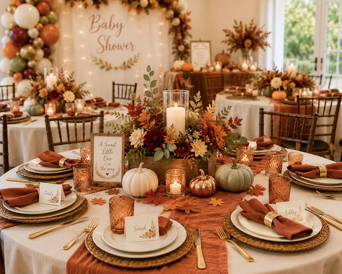 Fall baby shower table decorations with cream linens, rust table runner, small pumpkins, candles and autumn place settings
