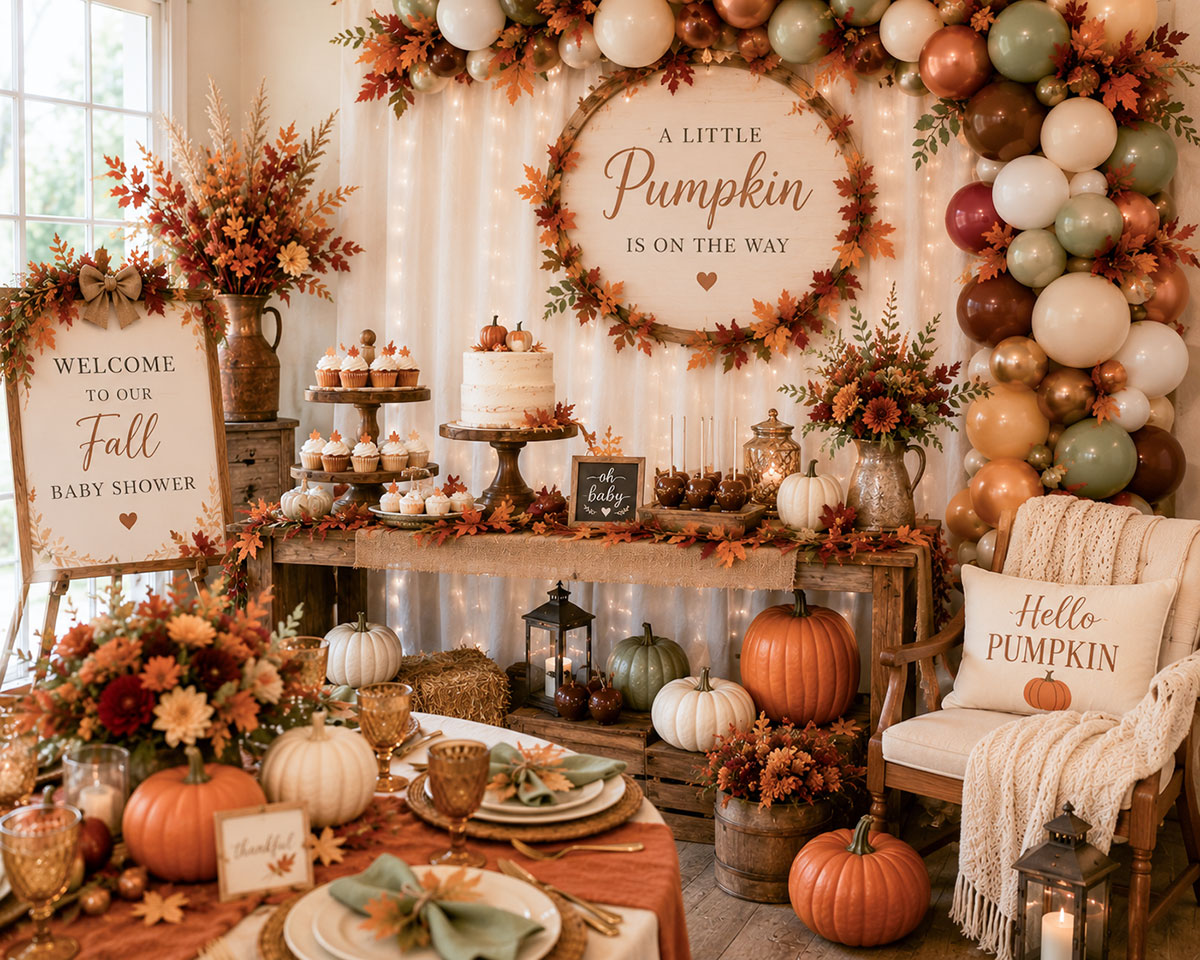 Four coordinated fall baby shower decoration themes featuring pumpkins, apples, rustic harvest accents and elegant burgundy decor