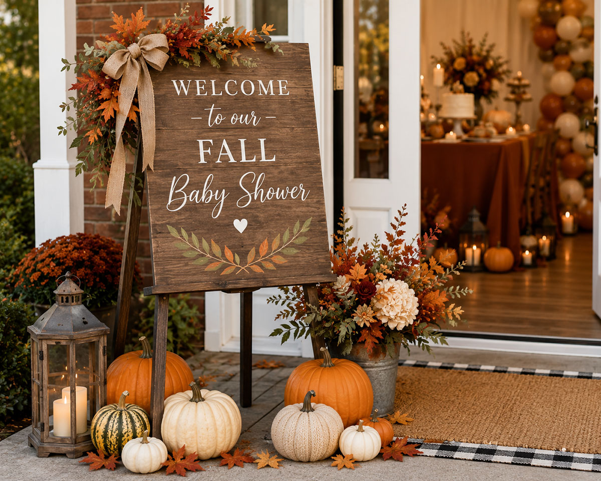 Fall baby shower entrance with wooden welcome sign, pumpkins, lanterns and autumn decorations