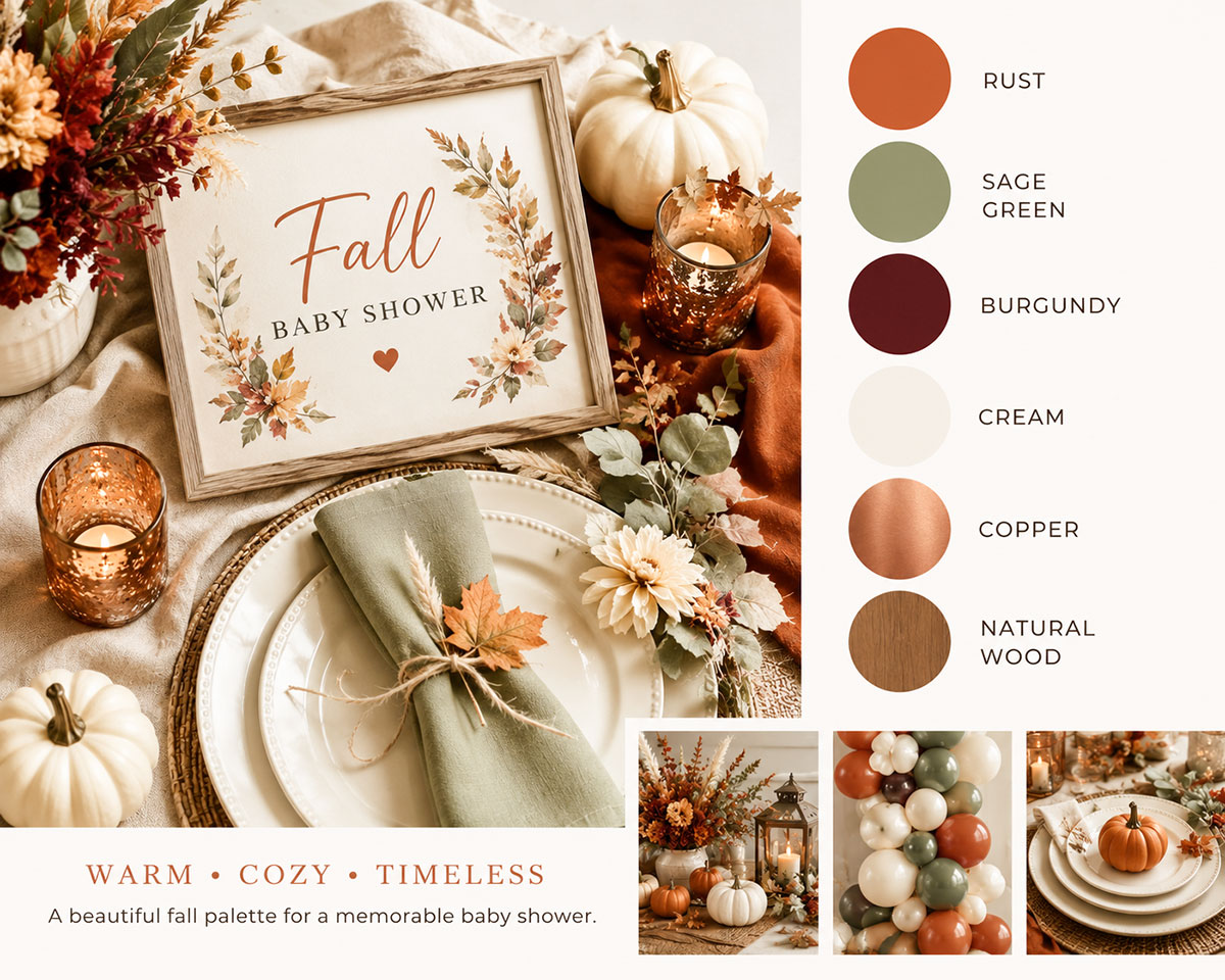 Fall baby shower color palette with rust, cream, sage green, burgundy and copper decorations