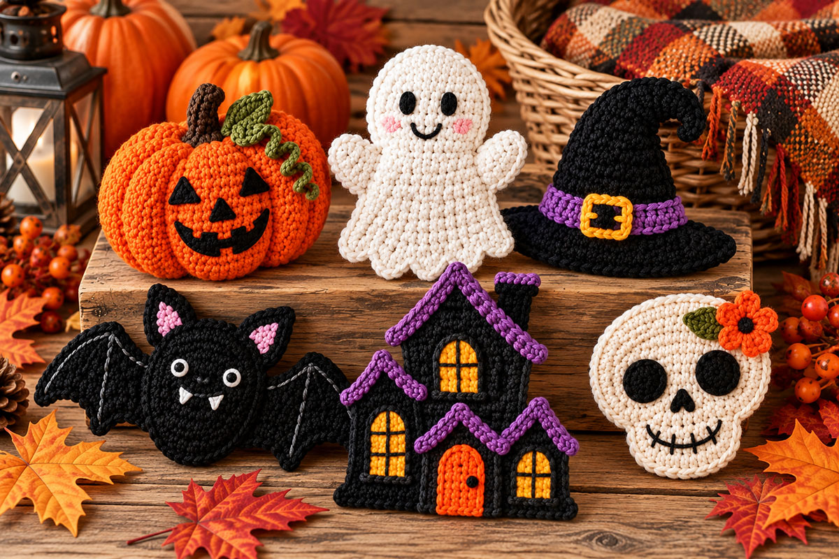 Finished crochet Halloween appliques with a haunted house bat ghost pumpkin and skull displayed together