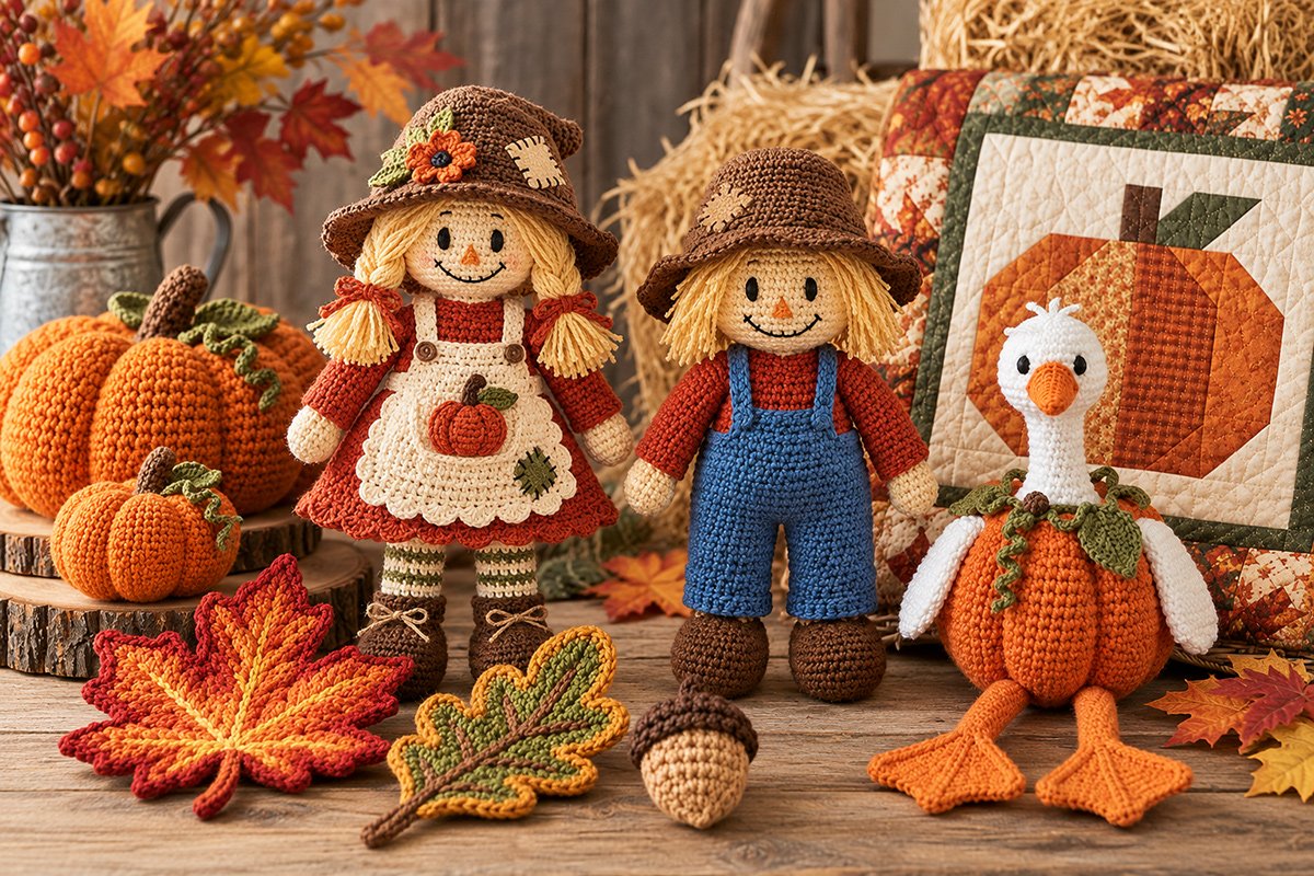 Fall crochet patterns with pumpkins autumn leaves scarecrow and handmade crochet projects
