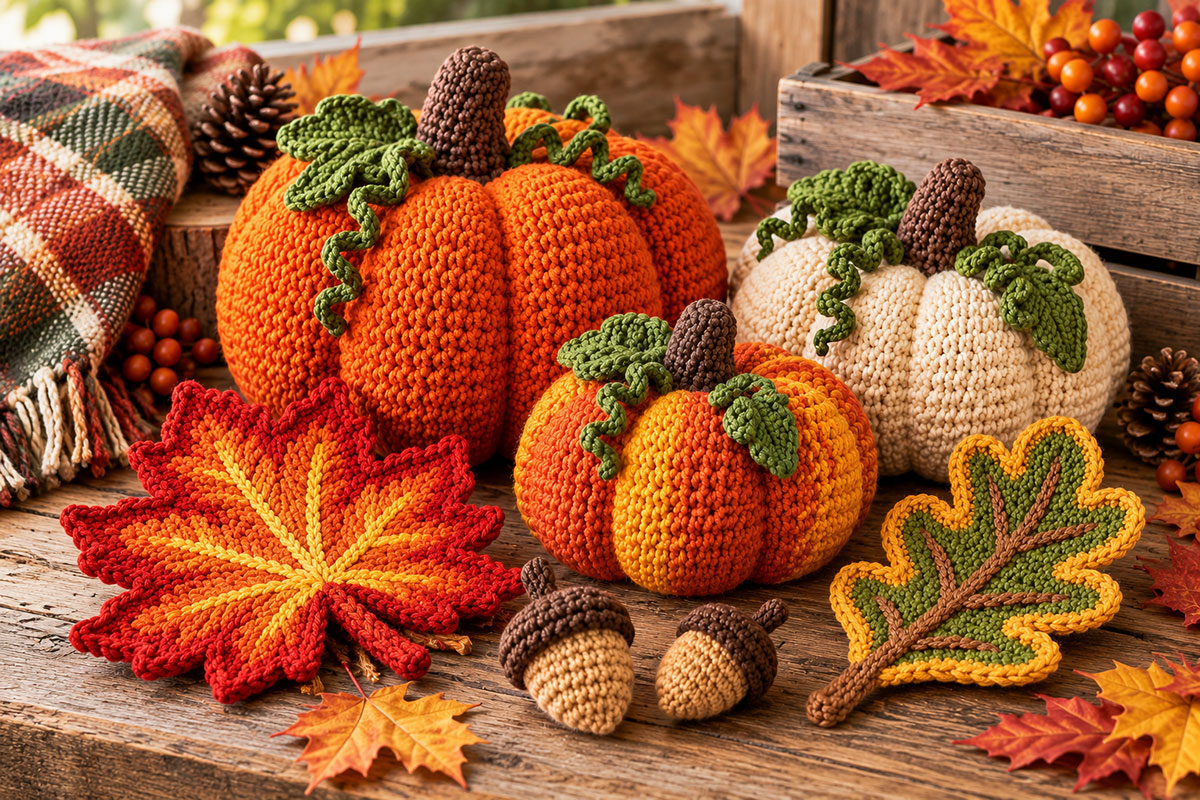 Crochet maple and oak leaves with acorns and handmade crochet pumpkins arranged for fall
