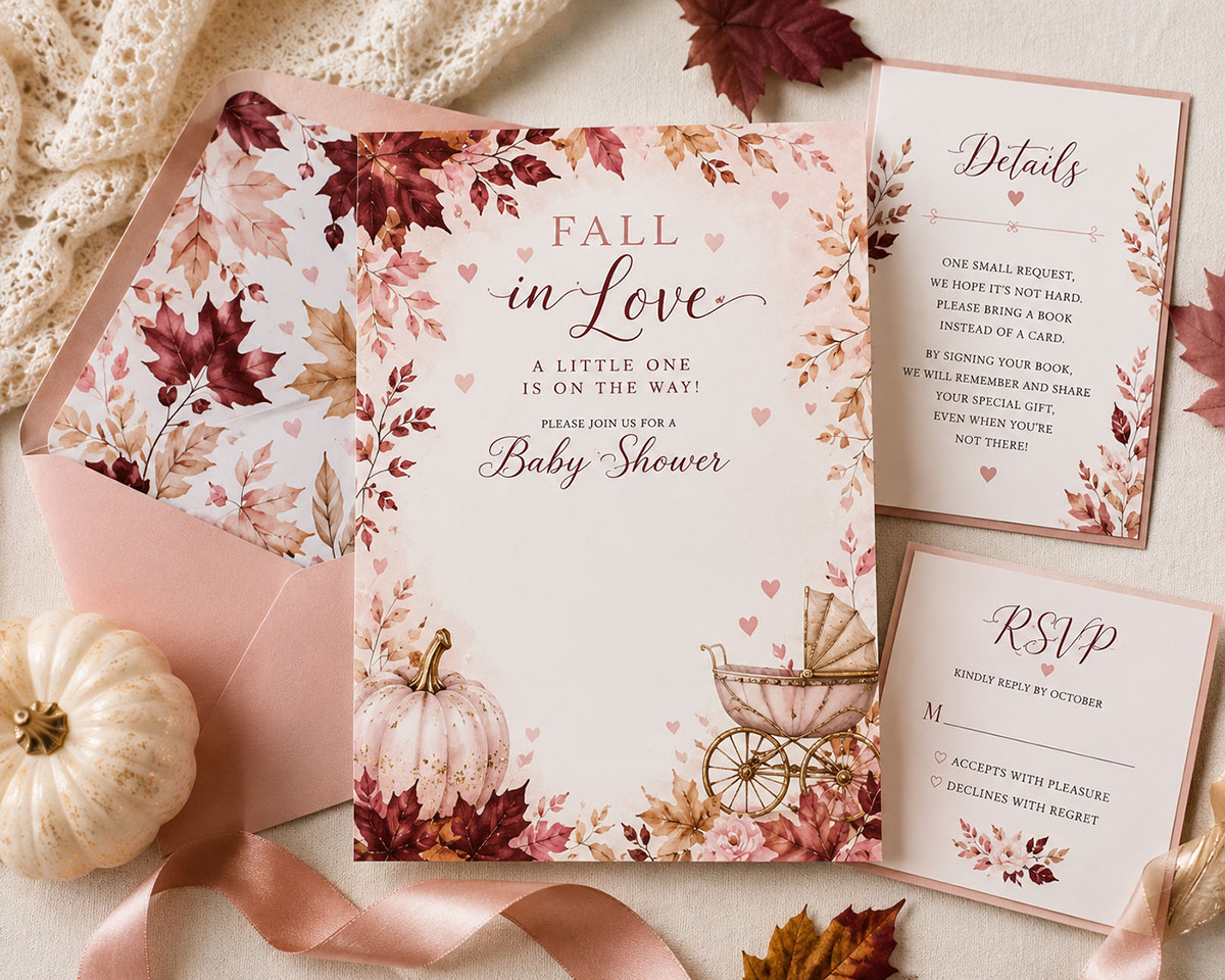 Fall in Love baby shower invitation suite with blush and burgundy leaves, a pink pumpkin and matching RSVP cards