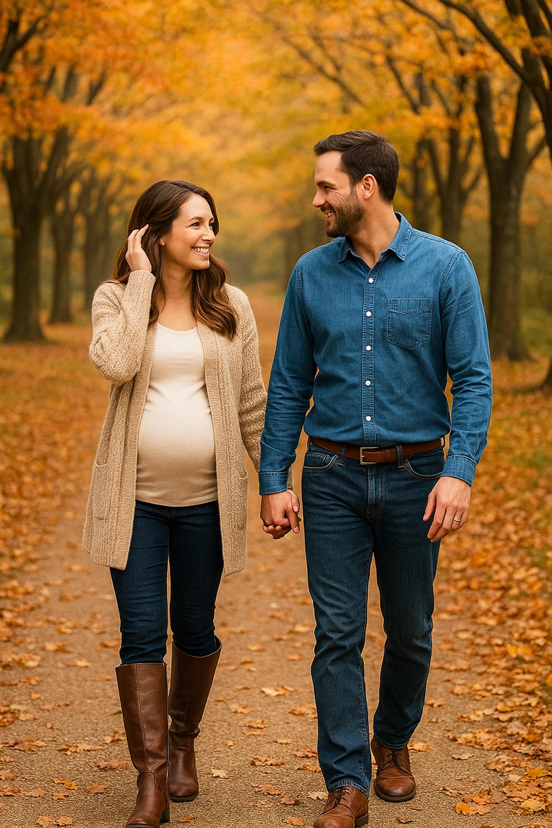 a pregnant woman wearing a pair of pants tucked into knee boots, a soft knit cardigan sweater walking with her husband on a country lane beneath a canopy of trees with changing fall leaves