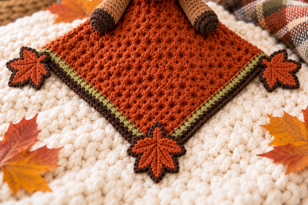 Rust orange crochet moose lovey blanket with olive brown border and fall leaf corners