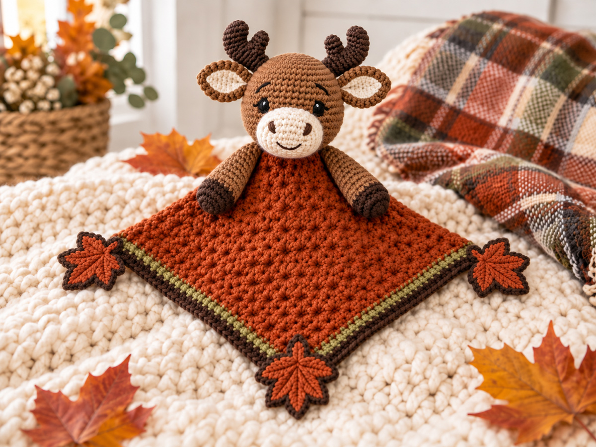 Fall moose crochet lovey with rust orange blanket, brown moose head and crocheted autumn leaf corners