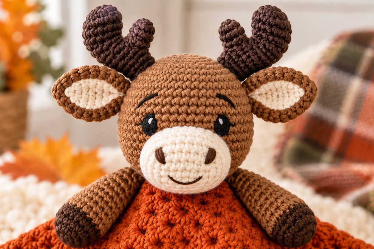 Crochet Manley Moose lovey head showing embroidered face ears and compact three-prong antlers
