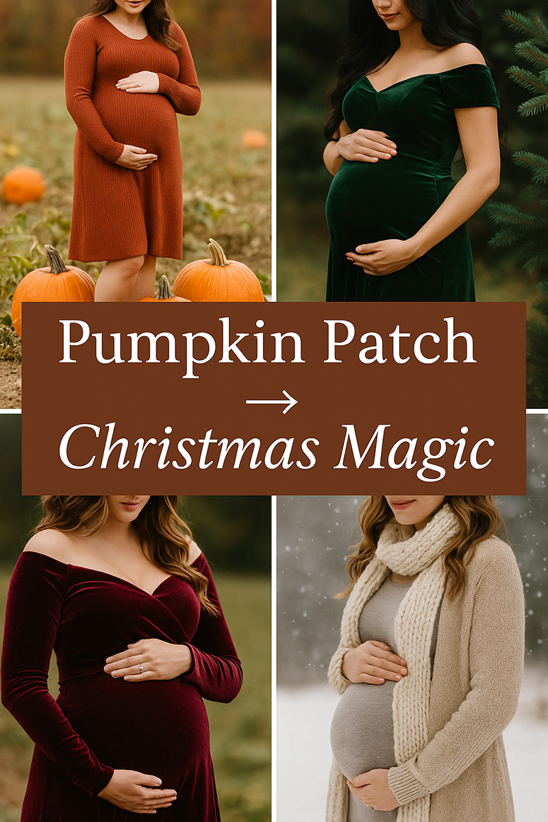 Fall to winter maternity photo shoot collage with pumpkins, pine branches, velvet gowns and soft snowflakes