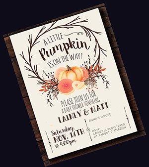 Fall themed baby shower invitation in autumn colors with falling leaves and pumpkin