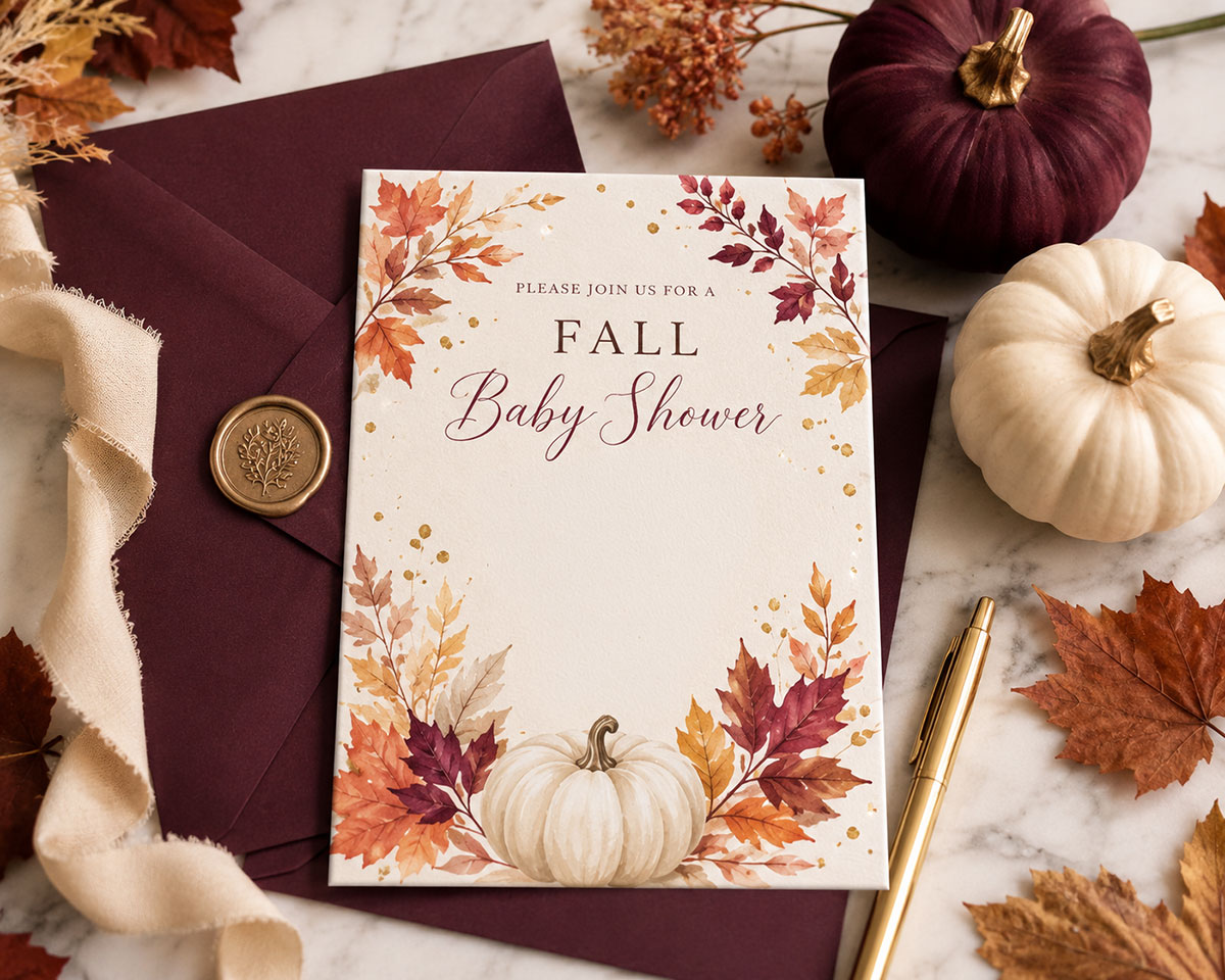 Elegant fall baby shower invitation with pumpkins, autumn leaves and warm seasonal colors