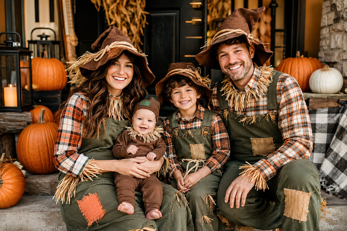 Family Halloween costumes with a baby showing parents and children in a coordinated family costume theme